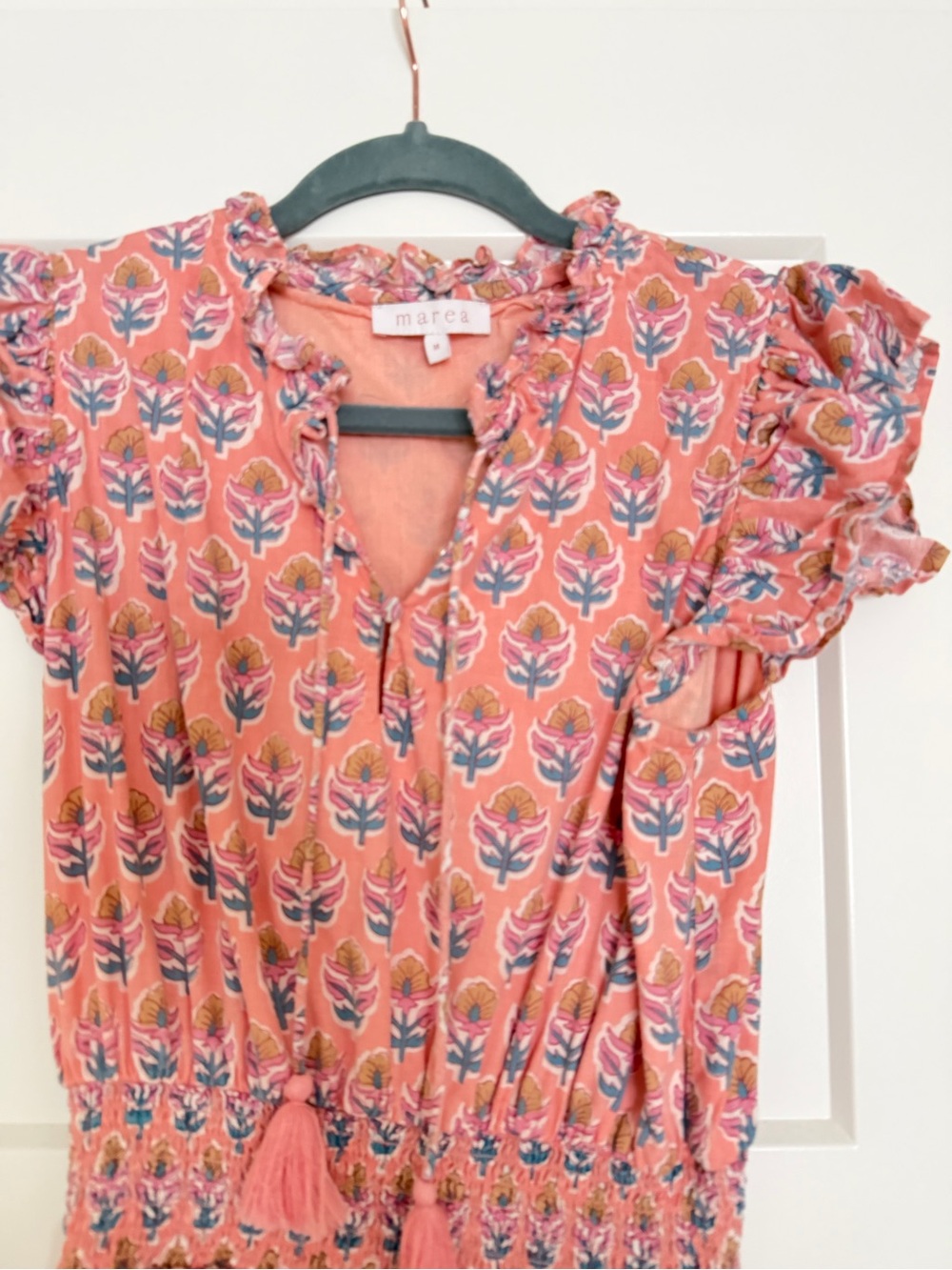 Arca Coral Floral Smocked Mini Dress with Tassel Tie - Picture 2 of 3